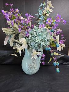 lot 300 image: Artificial Flower Arrangement in Blue Ceramic Vase