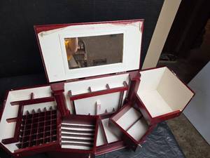 lot 303 image: Red Wooden JewelryMakeup Box with Mirror and Multiple Compartments