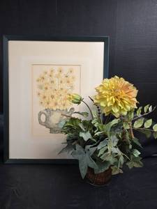 lot 311 image: Framed Floral Artwork with Teapot Motif and Faux Bouquet