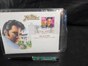 lot 322 image: Elvis Presley 1993 First Day Of Issue Envelope and Stamps with Graceland Pen . 