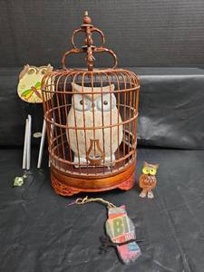 lot 327 image: Decorative Wooden Bird Cage with Owl Decorations and Wind Chimes