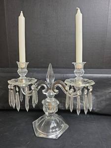 lot 356 image: Vintage Crystal Glass Candelabra with Hanging Prisms