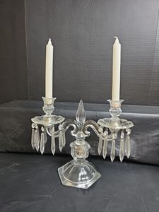 lot 357 image: Vintage Crystal Glass Two-Light Candelabra with Hanging Prisms