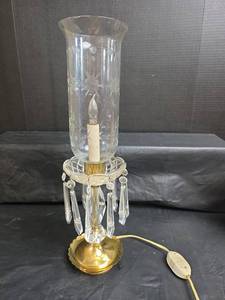 lot 362 image: 19in Tall Crystal Hurricane Lamp with Etched Glass Shade and Hanging Prisms- Top of Globe has Several Chiggers