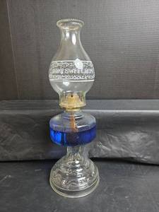 lot 369 image: Home Sweet Home Glass Oil Lamp with Blue Oil