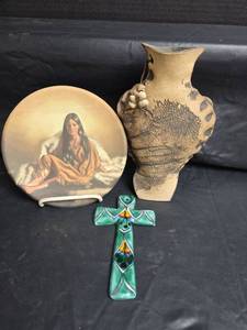 lot 372 image: Native American Art Collection - Plate, Pottery Vase and Cross