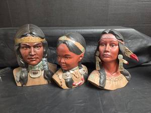 lot 373 image: Native American Bust Figurines Set of 3