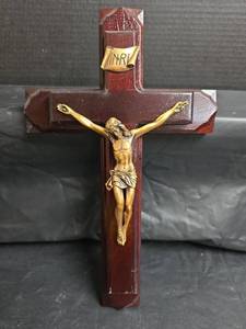 lot 377 image: Wooden Wall Crucifix with INRI Plaque and Metal Jesus Figure