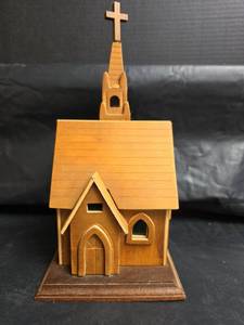 lot 380 image: Wooden Church Music Box Plays Amazing Grace