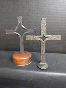 lot 381 image: 2 Hand Forged Iron Crosses - 1with Wood Base and 1 From Railroad Spike