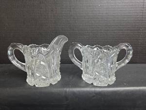 lot 411 image: Cut Glass Crystal Cream Pitcher and Sugar Bowl Set