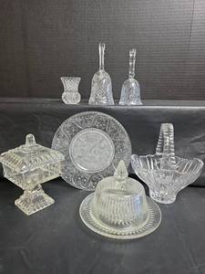lot 413 image: Cut Glass Collection  With Bells, Basket, Commemorative Plate and More