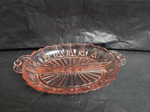 lot 419 image: Pink Depression Glass Oval Relish Dish with Handles