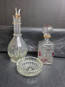 lot 420 image: 4-Chamber Glass Decanter with Ashtray and Cranberry Accent Cut Glass Decanter