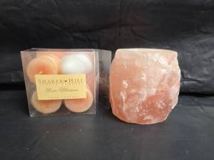 lot 446 image: Shaker Hill Rose Blossom Votive Candles and Himalayan Salt Candle Holder