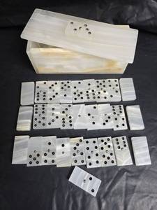 lot 465 image: White Stone Double 6 Domino Set with Marble Storage Box