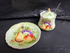 lot 471 image: Lefton Hand Painted Fruit Motif Jam Jar with Spoon and Plate