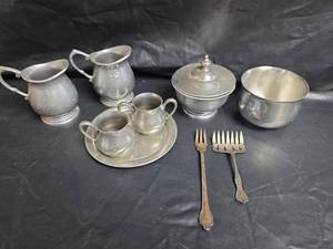 lot 476 image: Pewter Tea and Coffee Service Sets with Flatware