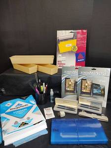 lot 487 image: Mixed Office Supplies with Pens, Labels, Screen Protectors, and Stationery
