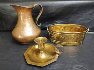 lot 489 image: Copper Pitcher with Natural Patina and Brass Oval Bowl and Candleholder