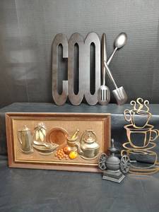 lot 495 image: Kitchen Wall Art Collection with Metal COOK Sign, Wright Iron Coffee Grinder and Coffee Cup Decor