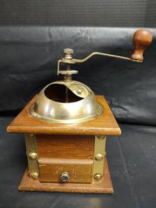 lot 514 image: Antique Manual Coffee Grinder with Wood Base and Brass Fittings