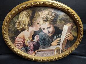 lot 519 image: Classical Children Reading Book with Gold Tone Framed Print, 17.5 x 14
