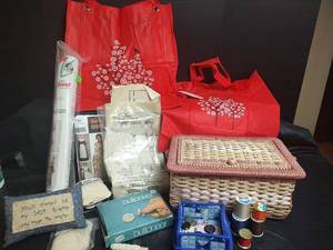 lot 523 image: Sewing Craft Bundle with Patterns, Supplies, and Basket