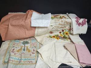 lot 526 image: Mixed Embroidery Finished Linens and Unfinished Candle Wicking Pattern