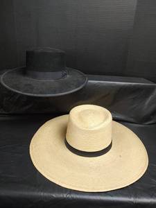 lot 544 image: Handwoven Wide Brimmed Palm Straw Hat with Leather Band and Black Felt Hat, See sizes