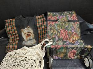 lot 558 image: Floral Tapestry Tote on Rollers,  Dog Tote Bag and Cotton Net Bag