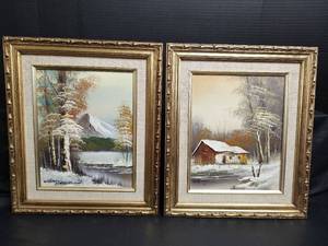 lot 563 image: Pair of Framed Oil Paintings Winter Landscape Scenes with Cabin and Lake, 12 x 14