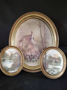 lot 592 image: Set of Three Framed Cottage Landscape Paintings, Large 17.5 x 23 and Small 9 x 11