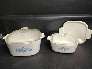 lot 593 image: Vintage Corning Ware Blue Cornflower Casserole Dishes with Lids, 3 quart and 1.5 quart