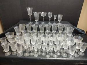 lot 614 image: Large Crystal Glassware Set with Etched Floral Pattern, 59 pieces