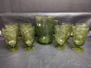 lot 615 image: Green Glass Pitcher and 8 Goblets
