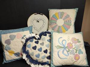 lot 620 image: Handmade Quilted Pillow Collection with Embroidery Hoop