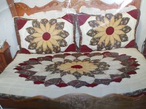 lot 621 image: Flower Pattern Quilt Bedding Set with Queen Spread, Two Shams and Bed Skirt
