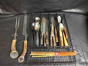 lot 677 image: Stag Horn Handle Cutlery Set, Chopsticks and Utensils