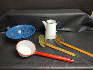 lot 682 image: Enamelware Pitcher, Colander, Ladle and Wire Strainers