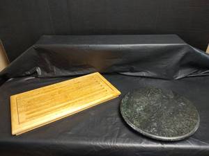 lot 692 image: Bamboo Bread Cutting Board with Green Marble Lazy Susan