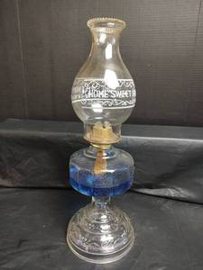 lot 716 image: Home Sweet Home Glass Oil Lamp with Blue Oil, 18 Inches Tall