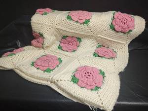 lot 743 image: Crochet Afghan Blanket with Pink Flower Motifs, 56 x 64