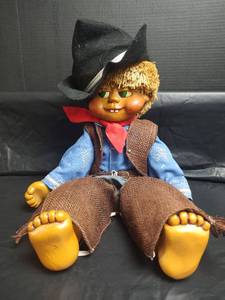 lot 751 image: Naber Doll, Walter 1988, Wood Cowboy Doll with Black Hat and Western Outfit