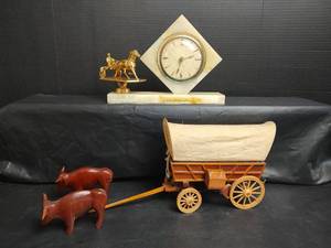 lot 773 image: Marble Mantel Clock and Wooden Covered Wagon with Ox
