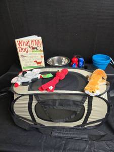 lot 814 image: Complete Dog Supplies Bundle with Carrier and Training Book