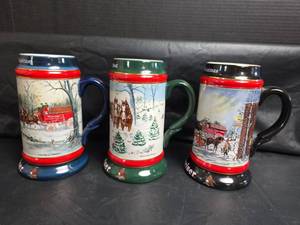 lot 829 image: Budweiser Christmas Holiday Beer Steins Set of 3
