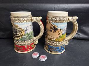 lot 830 image: Coors Beer Stein Set 1988 and 1989 Limited Edition and 2 Bottle Cap Pins