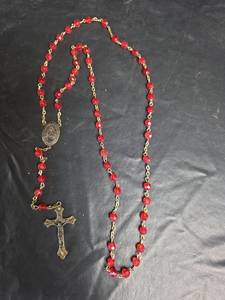 lot 835 image: Red Crystal Rosary Beads with Gold Metal Crucifix and Religious Medal