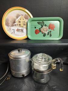 lot 848 image: Mid Century Kitchen Items with Decorative Trays, Coffee Maker and Vintage Food Cooker